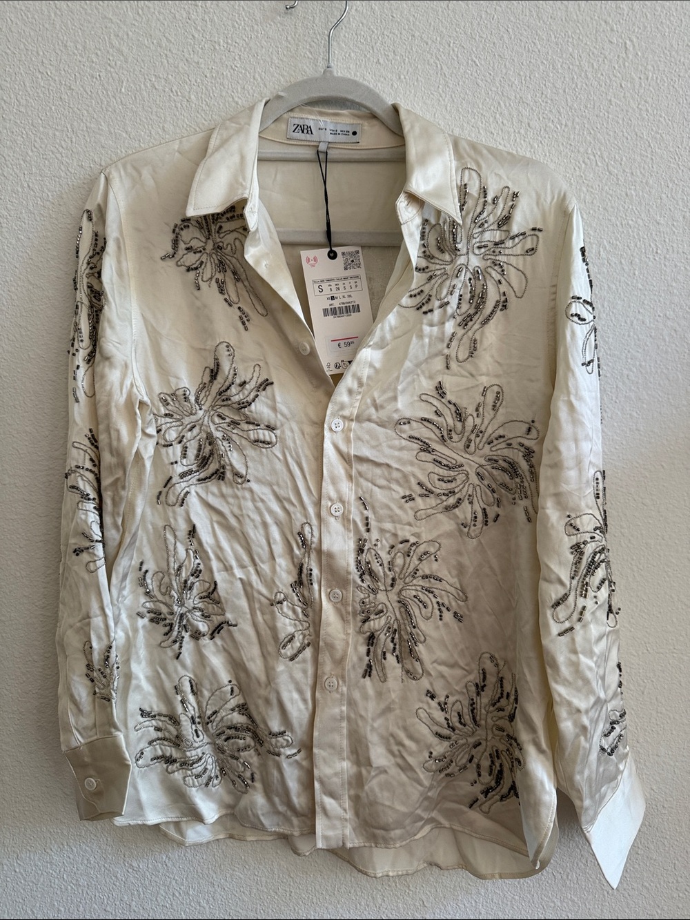Zara Cream Beaded Floral Button-Down Shirt